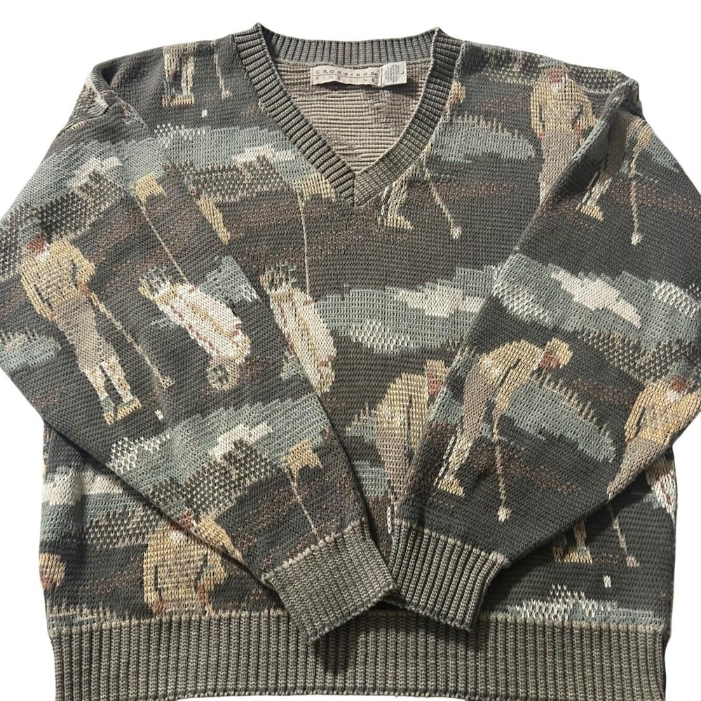 Vintage Crossing Fine Line Green 90's Sweater Men's Large Golf All-Over Print
